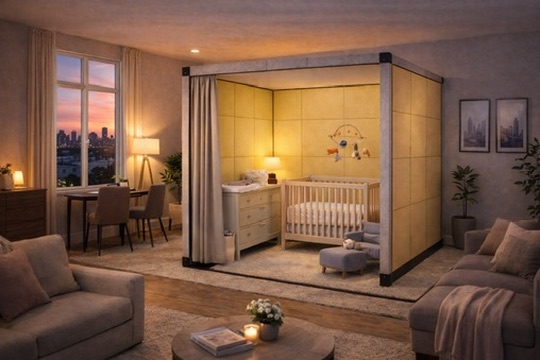 Panl with warm yellow panels — city view