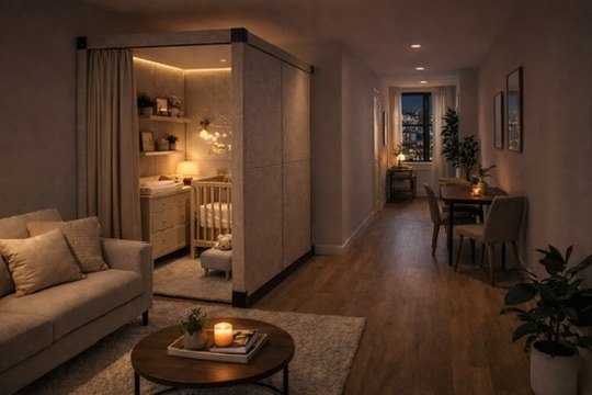 Narrow apartment living space at night